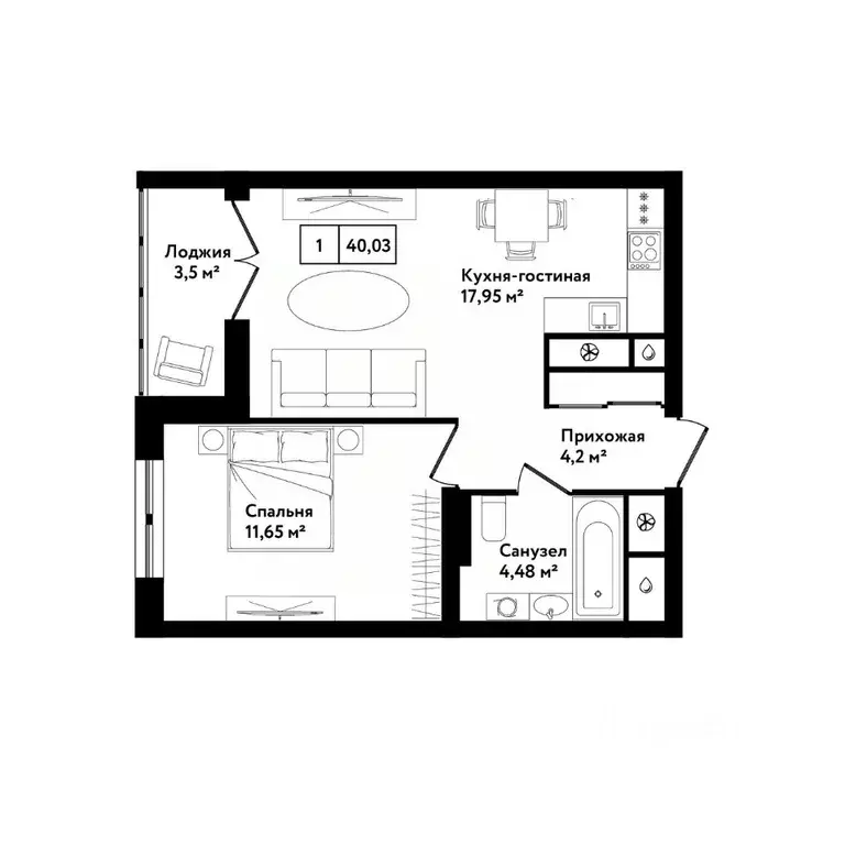 1-к кв. Тульская область, Тула ул. Седова, 26к2 (43.3 м) - Фото 1