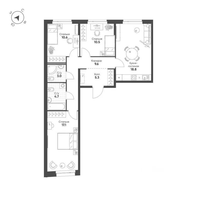 3-к кв. Свердловская область, Екатеринбург Солнечный жилрайон,  (79.6 ... - Фото 1