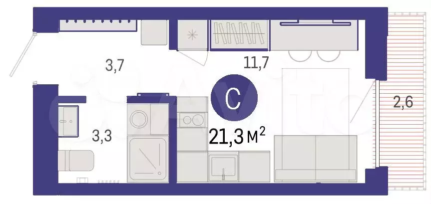 Квартира-студия, 21,3 м, 6/9 эт. - Фото 1