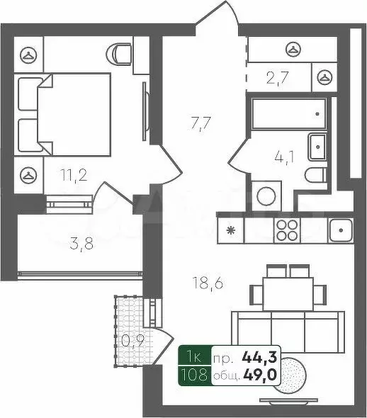 1-к. квартира, 49 м, 3/4 эт. - Фото 0