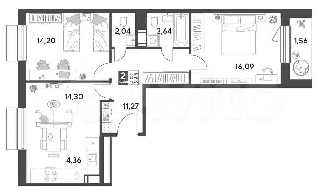 2-к. квартира, 67,5 м, 8/12 эт. - Фото 0