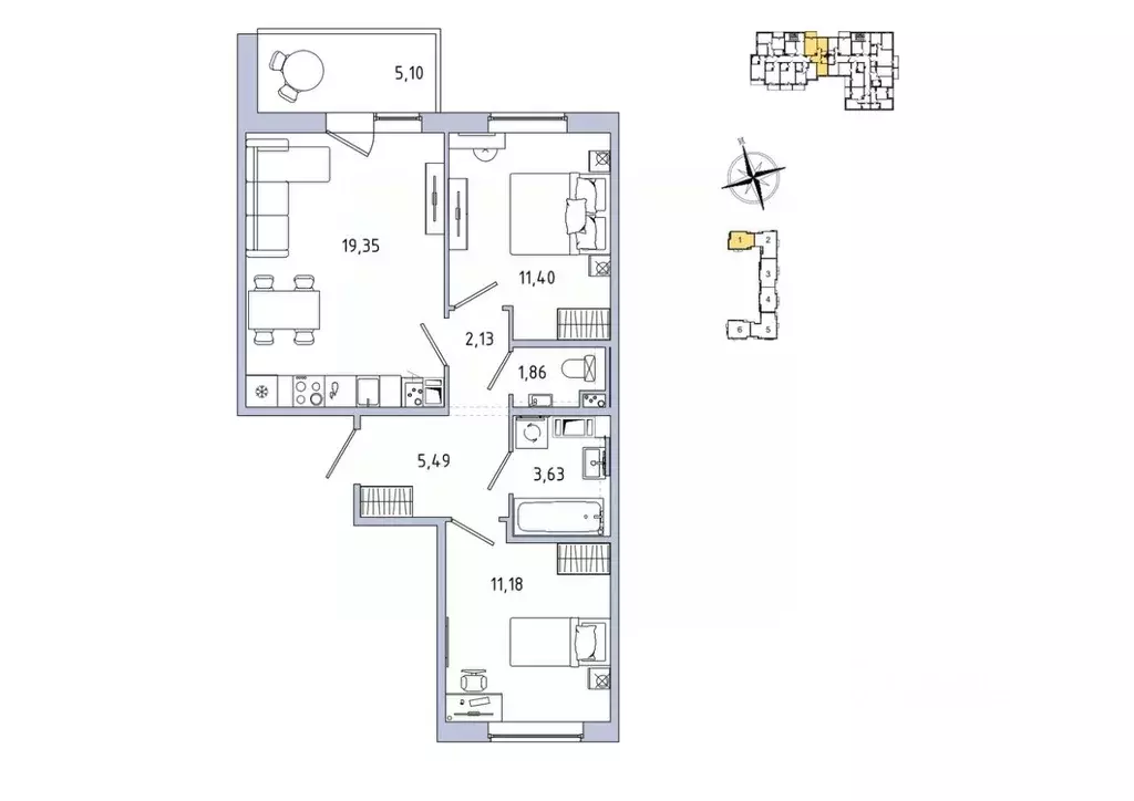 2-к кв. Ленинградская область, Гатчина Въезд мкр,  (57.59 м) - Фото 1