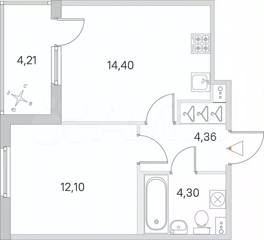 1-к. квартира, 39,4 м, 1/4 эт. - Фото 1