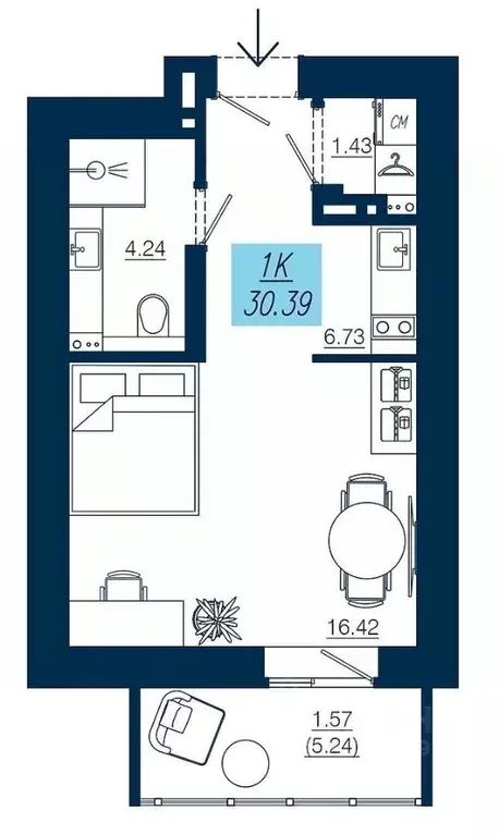 Студия Красноярский край, Красноярск Аэровокзальная ул., 19Е (30.39 м) - Фото 1