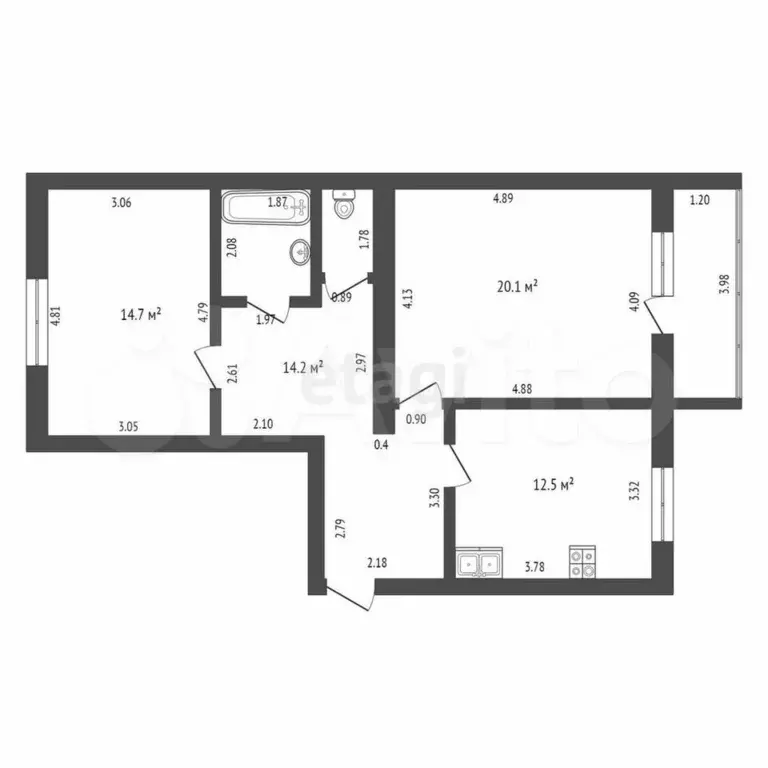 2-к. квартира, 66,9 м, 6/6 эт. - Фото 0