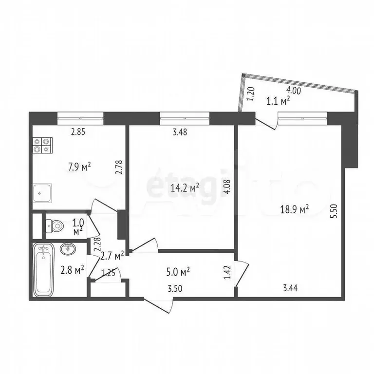 2-к. квартира, 53 м, 3/9 эт. - Фото 0