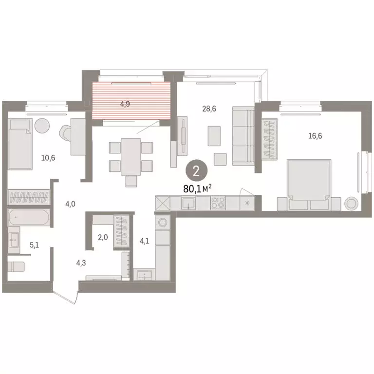 2-комнатная квартира: Тюмень, жилой комплекс На Минской (80.12 м) - Фото 1