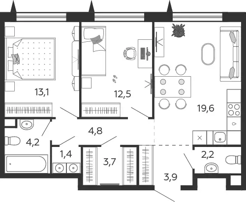 2-к квартира, 65.4 м - Фото 0