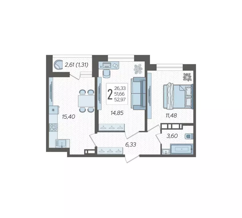 2-комнатная квартира: Краснодар, ЖК Смородина (52.97 м) - Фото 1