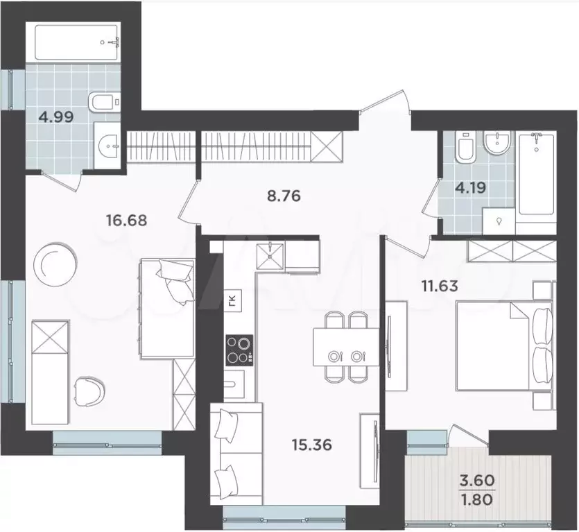 2-к. квартира, 63,4 м, 7/9 эт. - Фото 1