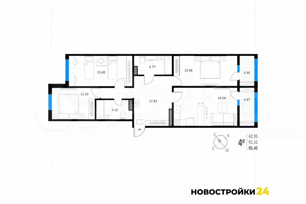 4-к. квартира, 95,5 м, 8/18 эт. - Фото 1