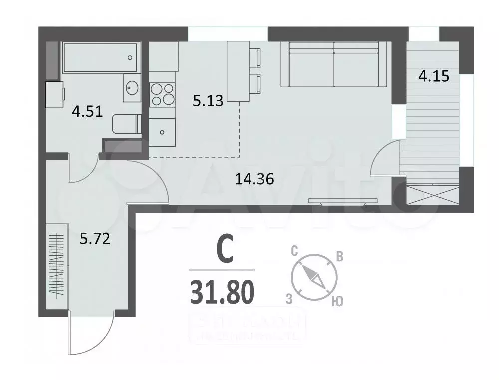 Квартира-студия, 31,8 м, 8/16 эт. - Фото 1