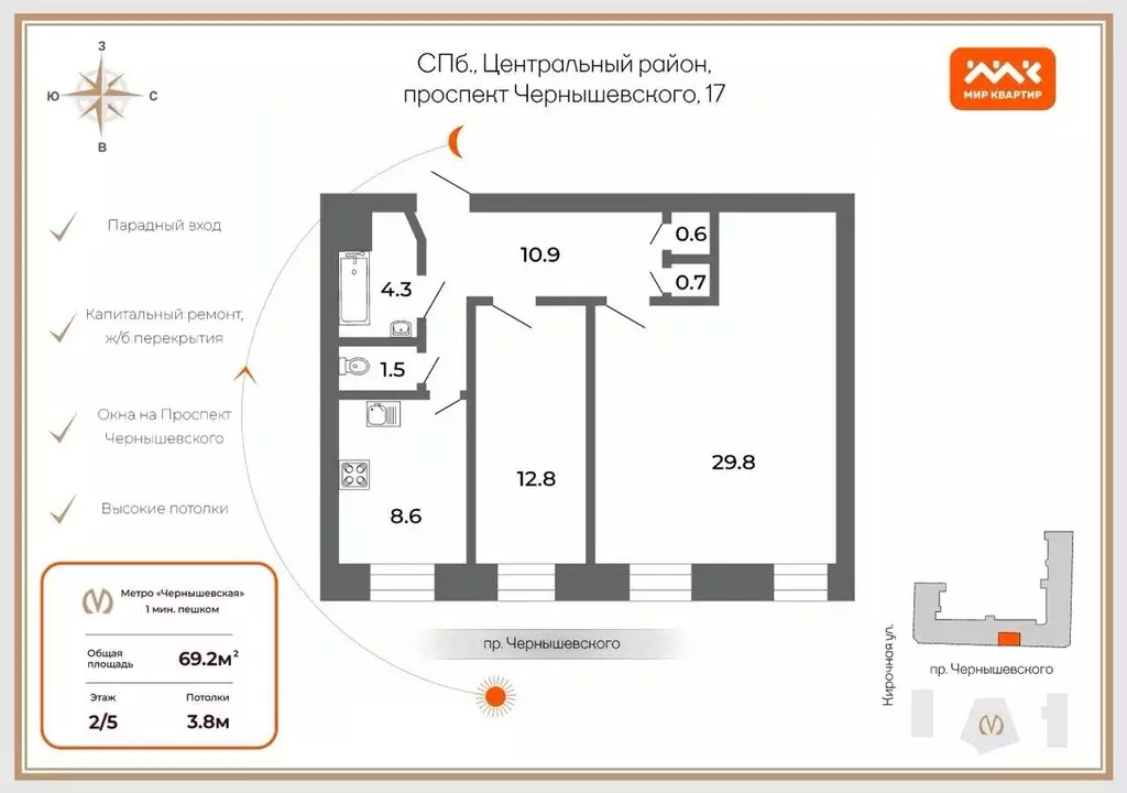 2-к кв. Санкт-Петербург просп. Чернышевского, 17 (69.2 м) - Фото 0