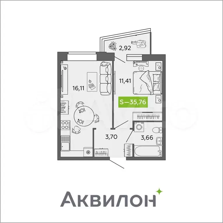 1-к. квартира, 35,8 м, 6/9 эт. - Фото 0