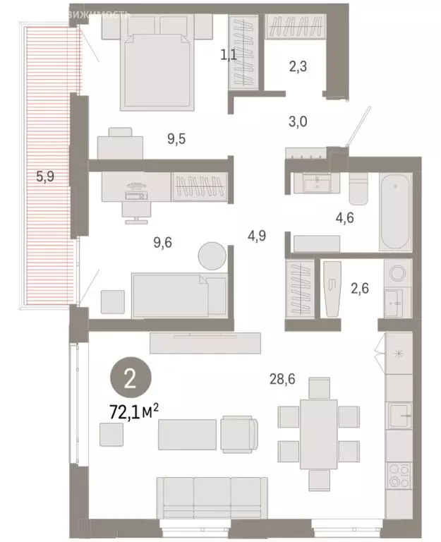 2-комнатная квартира: Тюмень, улица Республики, 205к3 (72.07 м) - Фото 2