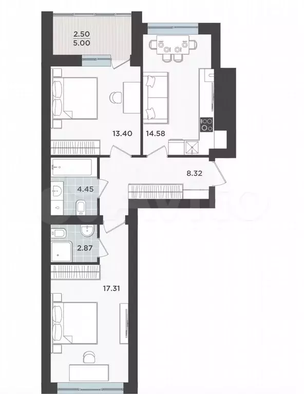 2-к. квартира, 63,5 м, 1/9 эт. - Фото 1