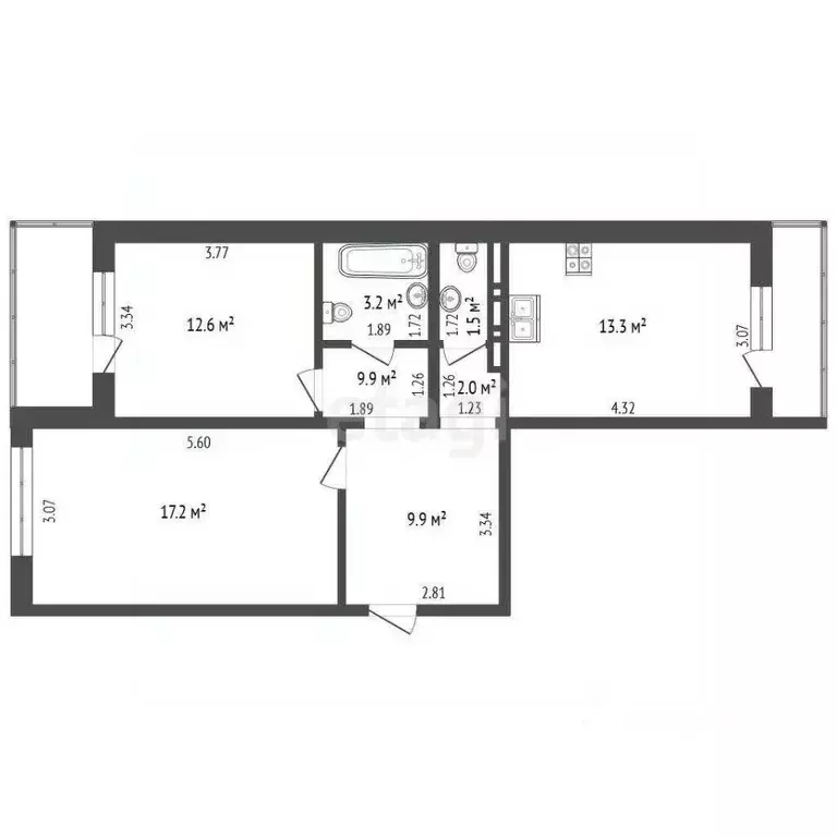 2-к кв. Ростовская область, Ростов-на-Дону пер. Андреева, 17А (65.0 м) - Фото 1
