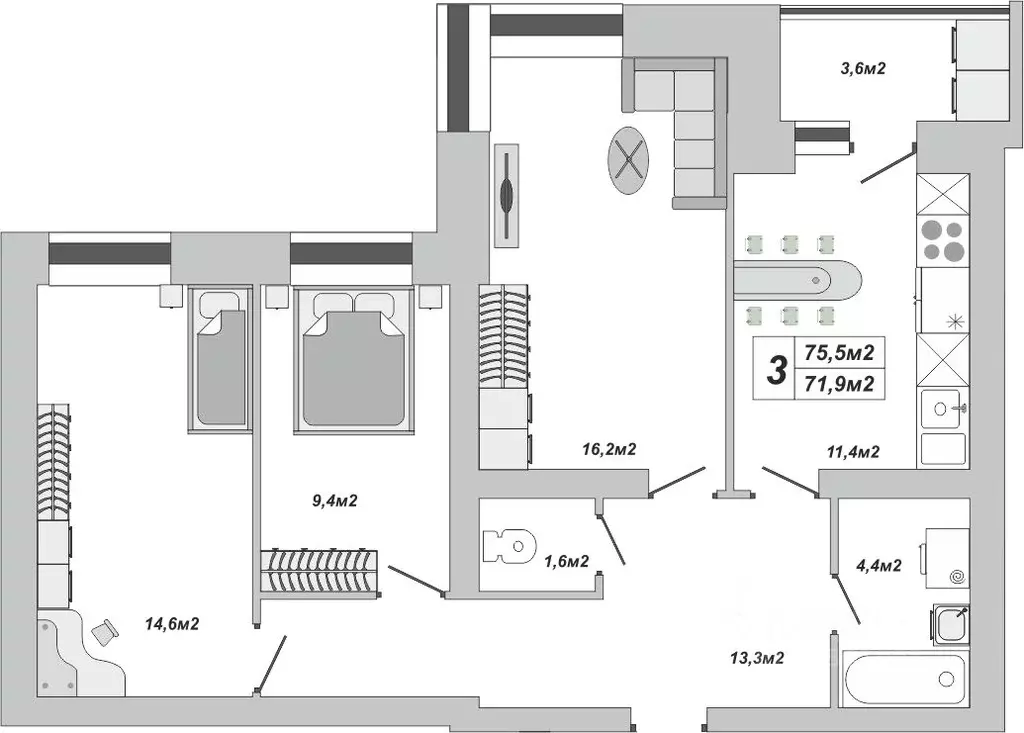 3-к кв. Тамбовская область, Тамбов ул. Чичерина, 7/1к3 (75.5 м) - Фото 1