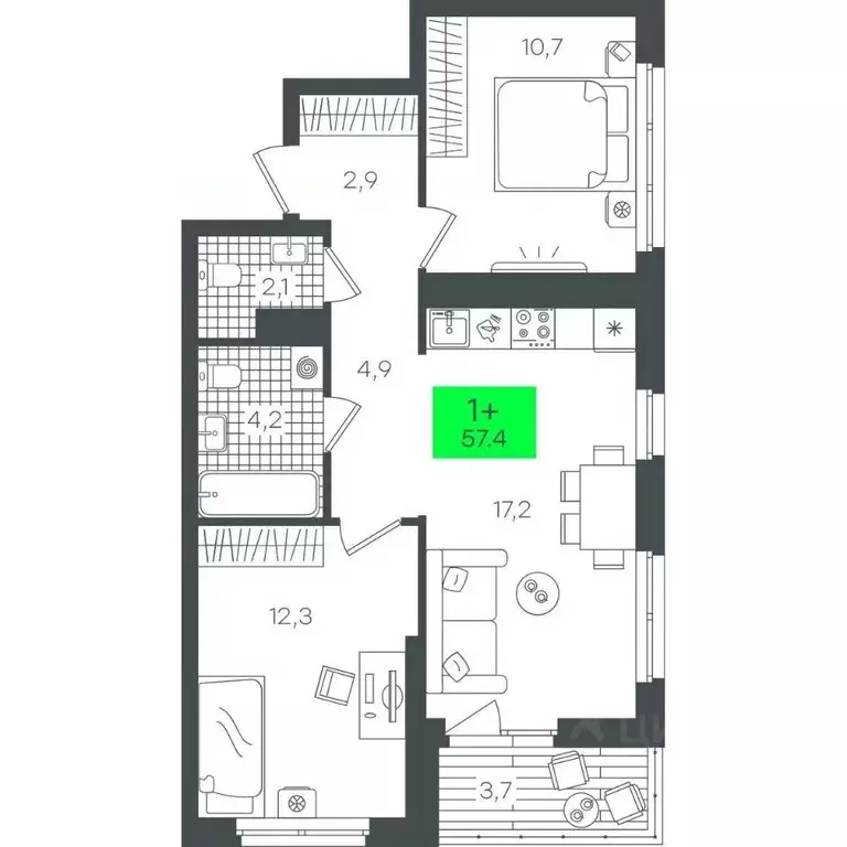 2-к кв. Тюменская область, Тюмень ул. Василия Малкова, 19 (58.36 м) - Фото 0