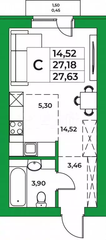 1-к. квартира, 27,6 м, 8/9 эт. - Фото 0