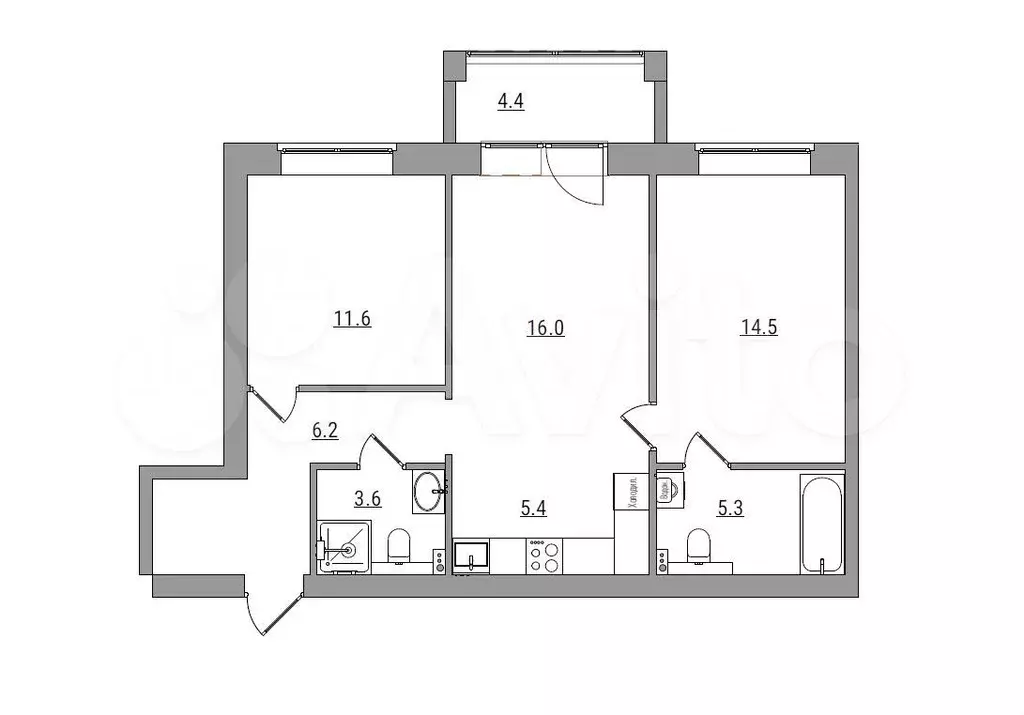 3-к. квартира, 69,2 м, 2/6 эт. - Фото 1