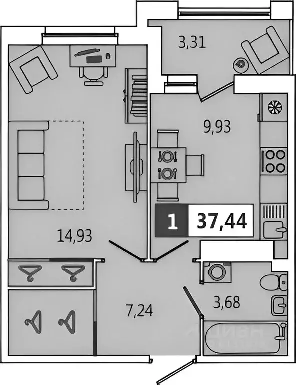 1-к кв. Санкт-Петербург ул. Парфеновская, 14к1 (35.0 м) - Фото 2