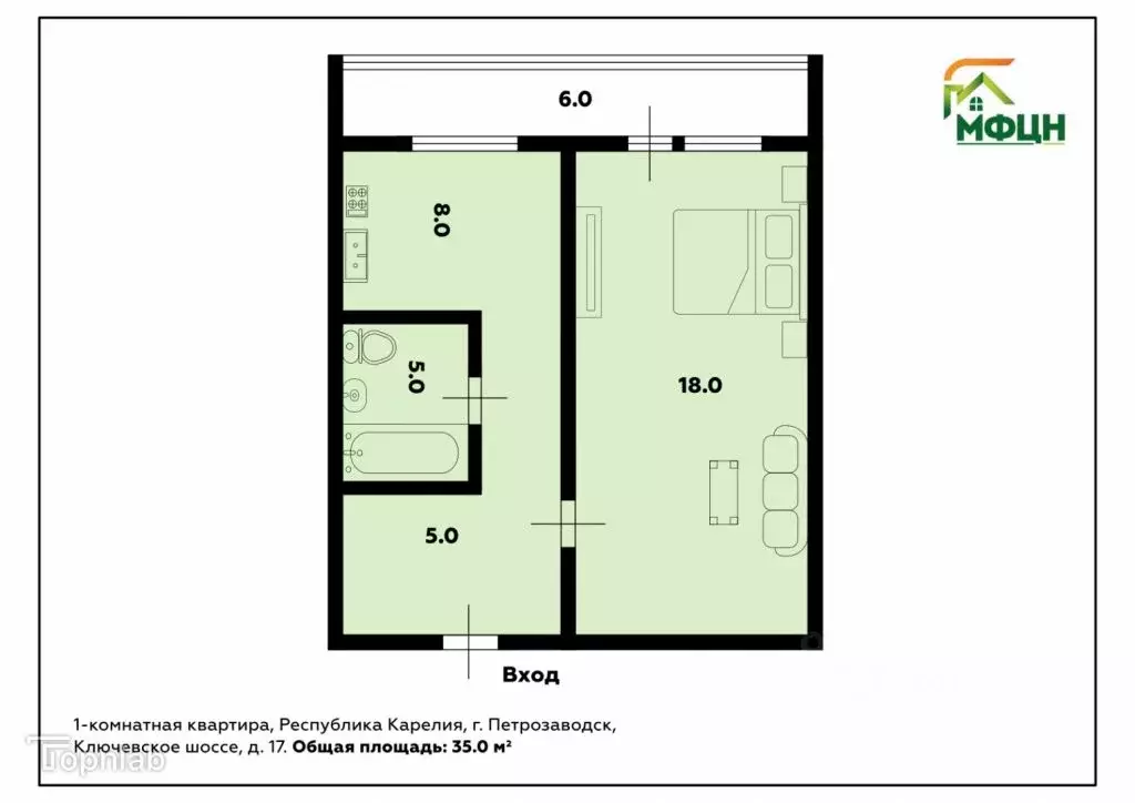 1-к кв. Карелия, Петрозаводск Ключевское ш., 17 (35.3 м) - Фото 1