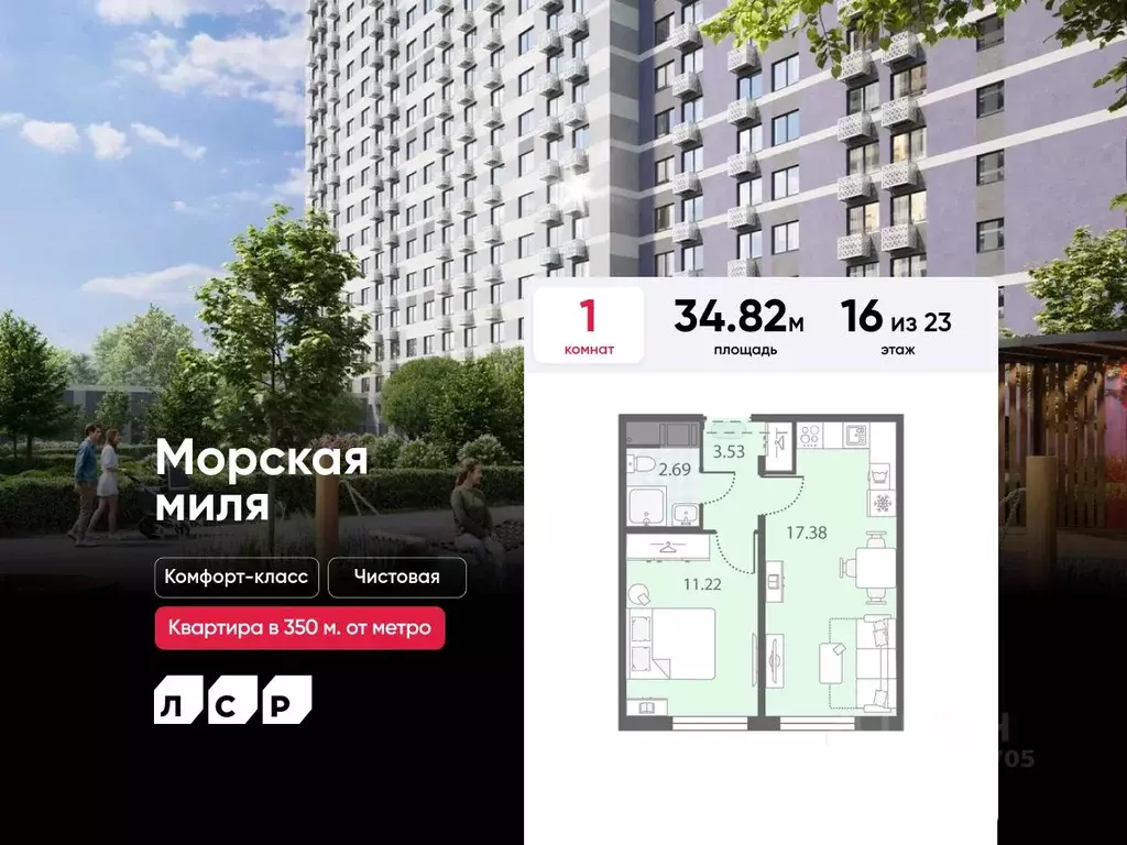 1-к кв. Санкт-Петербург Морская миля жилой комплекс (34.82 м) - Фото 0
