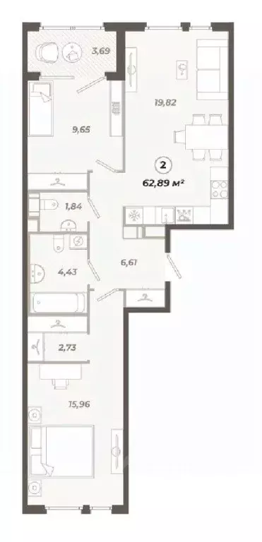 2-к кв. Санкт-Петербург ул. Коли Томчака, 21Д (62.89 м) - Фото 0