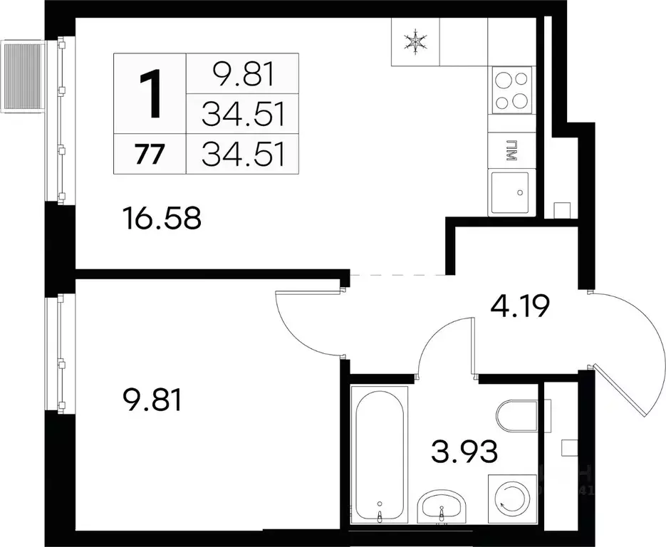 1-к кв. Санкт-Петербург ул. Шкапина, 15 (34.5 м) - Фото 1