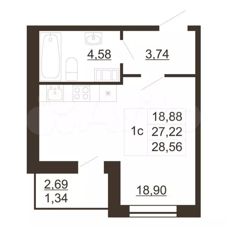 Квартира-студия, 28,6м, 6/6эт. - Фото 0