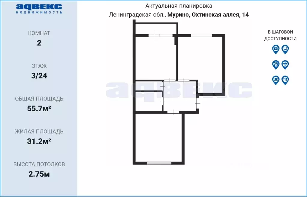 2-к кв. Ленинградская область, Мурино Всеволожский район, аллея ... - Фото 1