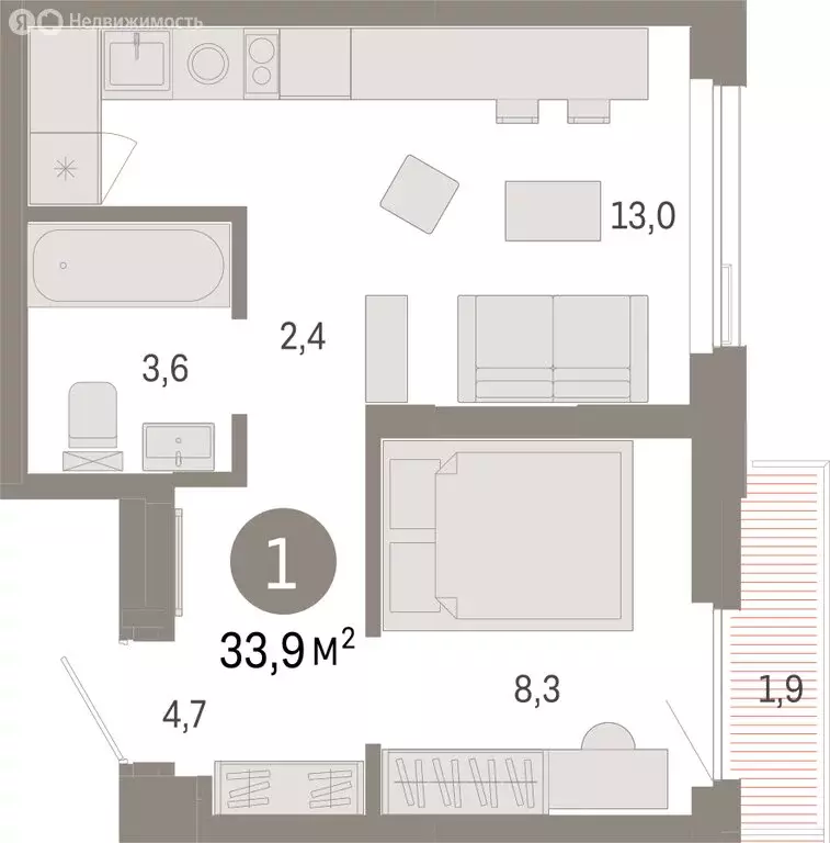 1-комнатная квартира: Тюмень, жилой комплекс Зарека (33.85 м) - Фото 1