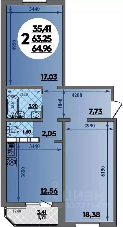 2-к кв. Ростовская область, Ростов-на-Дону ул. Юрия Дубинина, 1 (64.96 ... - Фото 1
