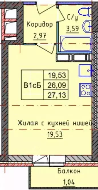 Студия Ярославская область, Ярославль ул. Пашуковская, 9к2 (27.13 м) - Фото 1