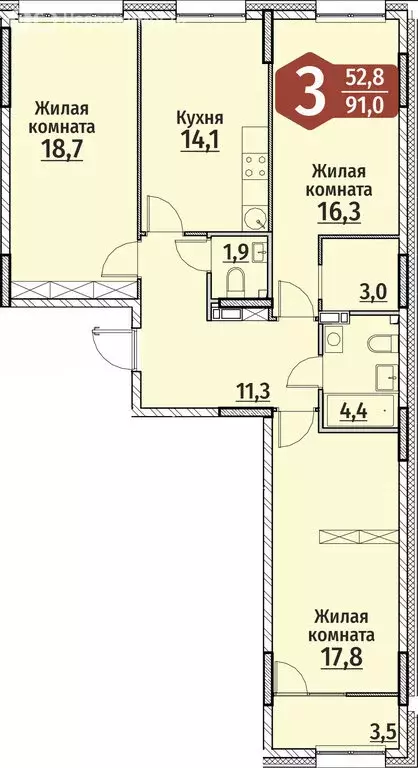 3-комнатная квартира: Чебоксары, улица Энергетиков, поз4 (92.75 м) - Фото 0