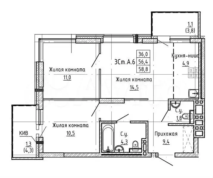 3-к. квартира, 58,8 м, 18/23 эт. - Фото 0