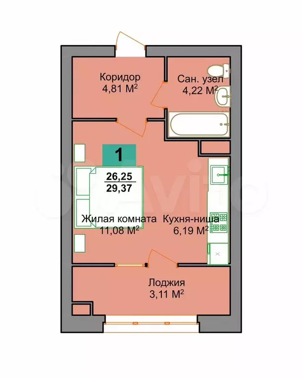 Квартира-студия, 29,1 м, 2/9 эт. - Фото 0
