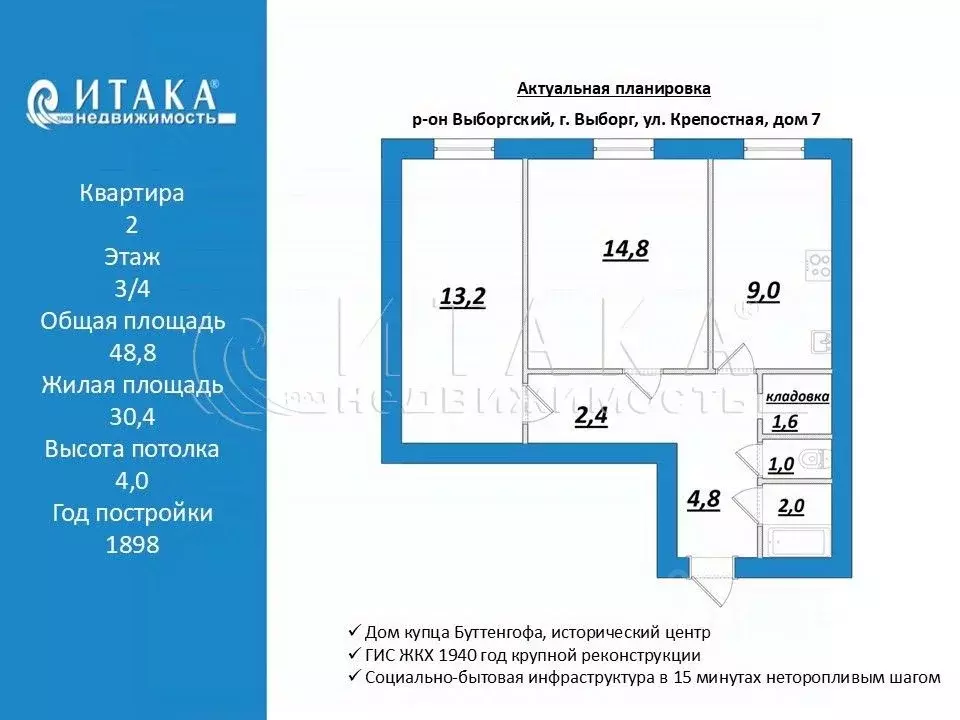 2-к кв. Ленинградская область, Выборг Крепостная ул., 7 (48.8 м) - Фото 2