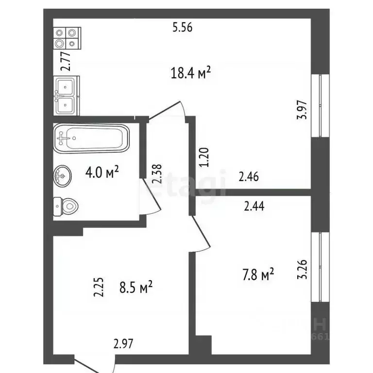 1-к кв. Томская область, Северск ул. Калинина, 40 (39.0 м) - Фото 1