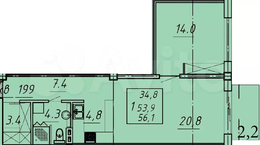 2-к. квартира, 56,1 м, 2/8 эт. - Фото 1