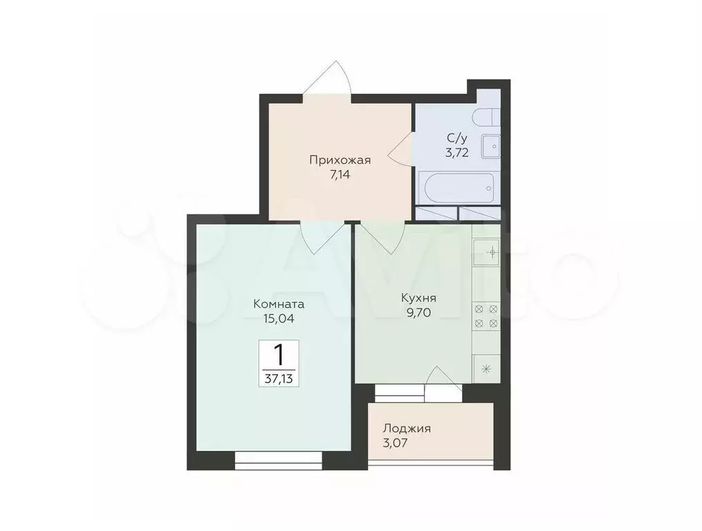 1-к. квартира, 37,1 м, 7/12 эт. - Фото 0