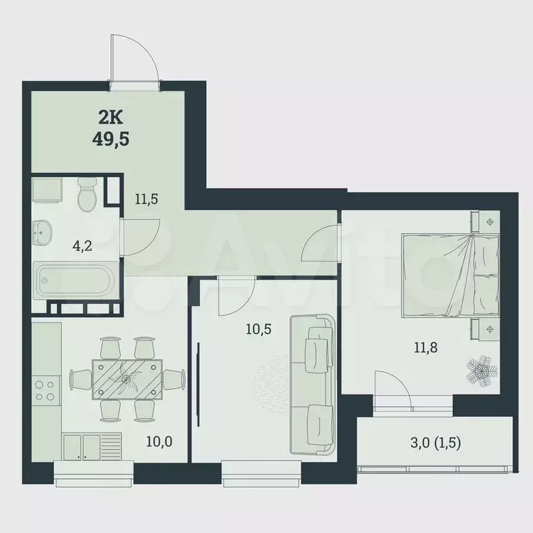 2-к. квартира, 49,5 м, 8/8 эт. - Фото 0
