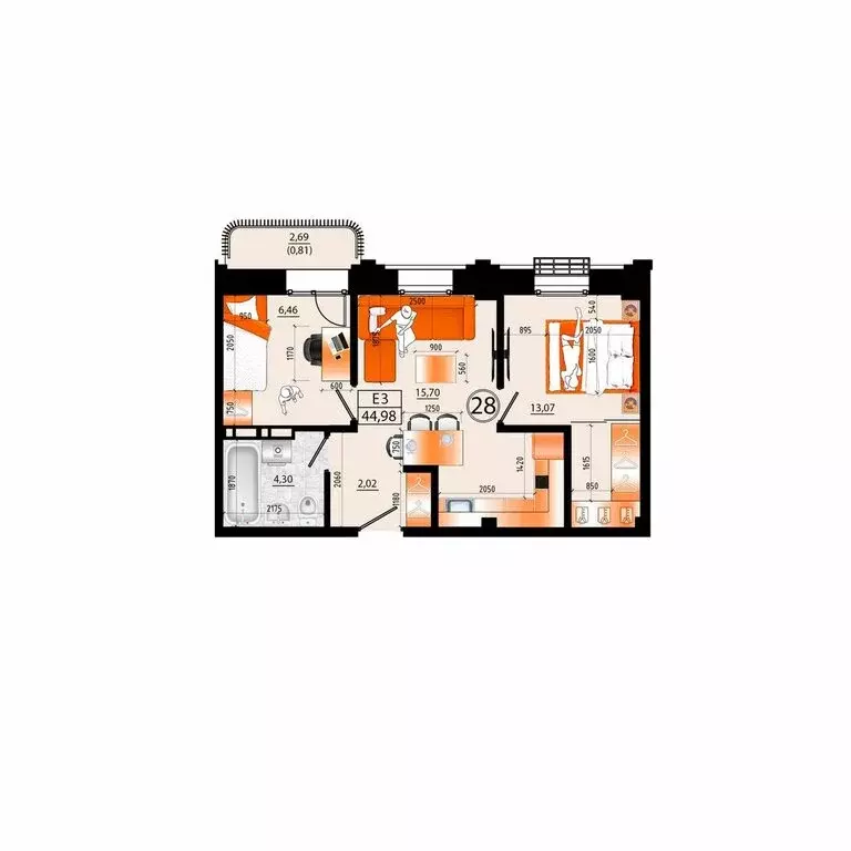 3-комнатная квартира: Владивосток, улица Капитана Шефнера, 25 (44.98 ... - Фото 1