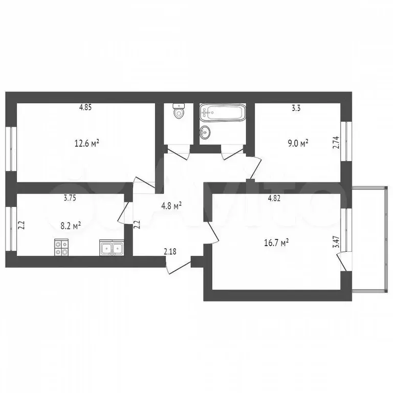 3-к. квартира, 59,7 м, 3/5 эт. - Фото 0
