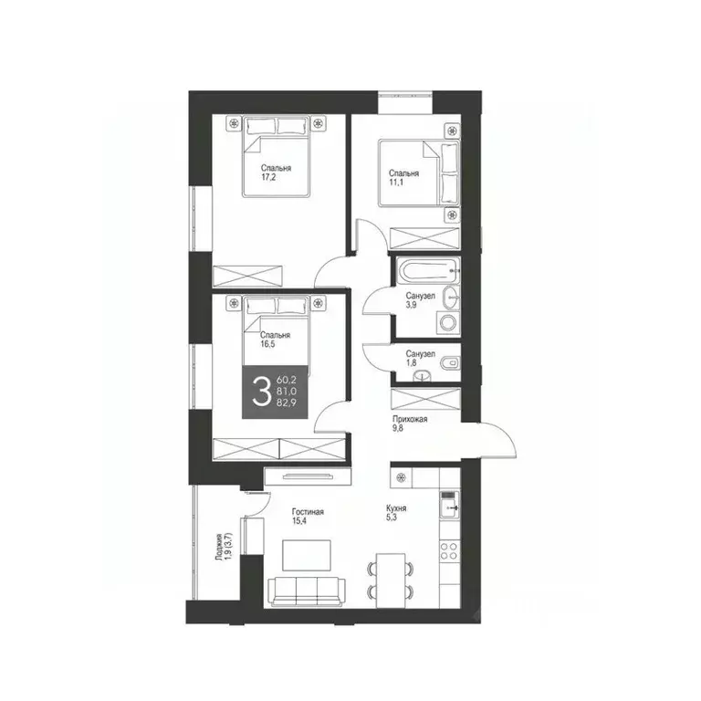 3-к кв. Татарстан, Альметьевск ул. Гафиатуллина, 60 (82.9 м) - Фото 1