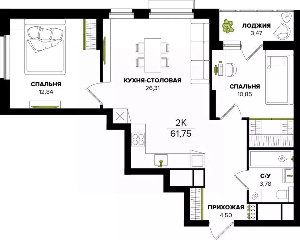 2-к кв. Тульская область, Тула  (61.75 м) - Фото 0