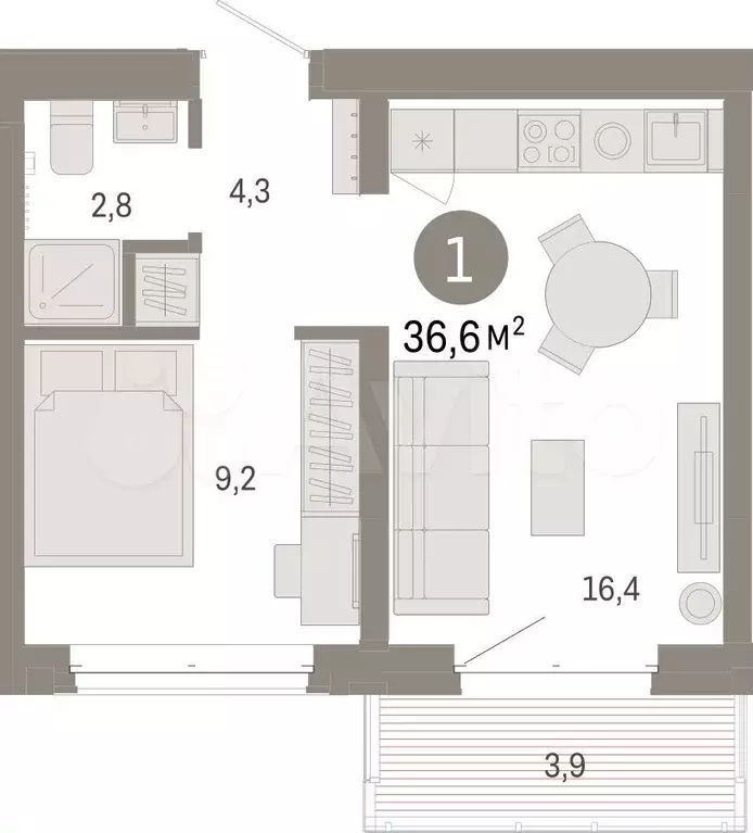 1-к. квартира, 36,6 м, 4/11 эт. - Фото 1