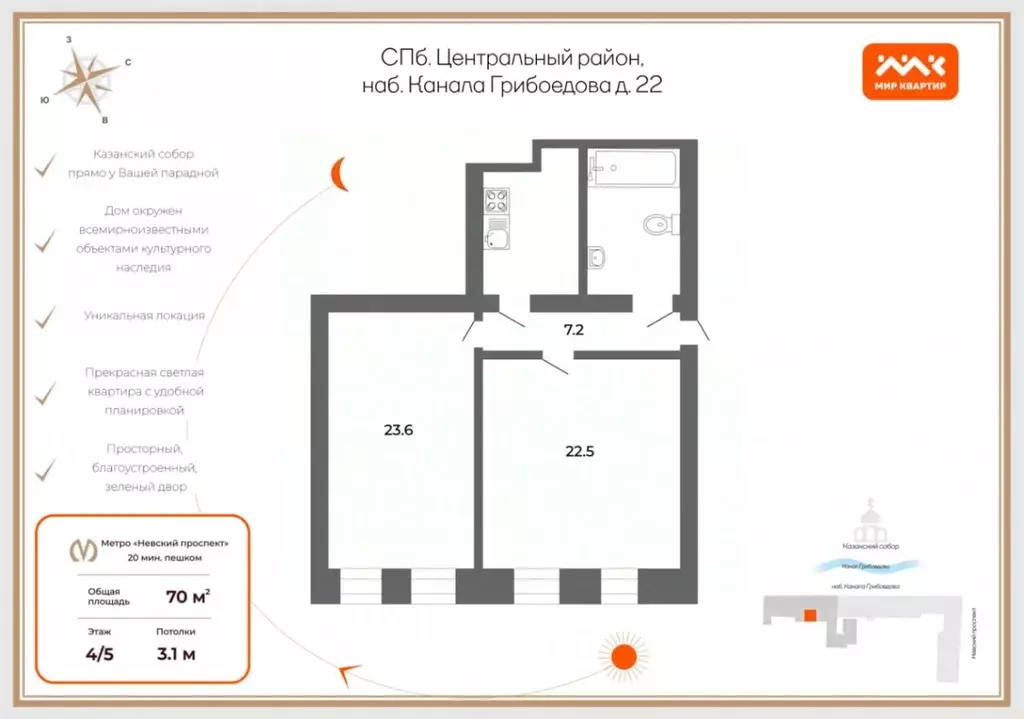 2-к кв. Санкт-Петербург наб. Канала Грибоедова, 22 (70.0 м) - Фото 1