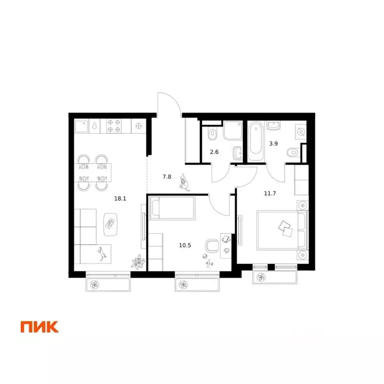 Квартира, 2 комнаты, 54.6 м - Фото 1